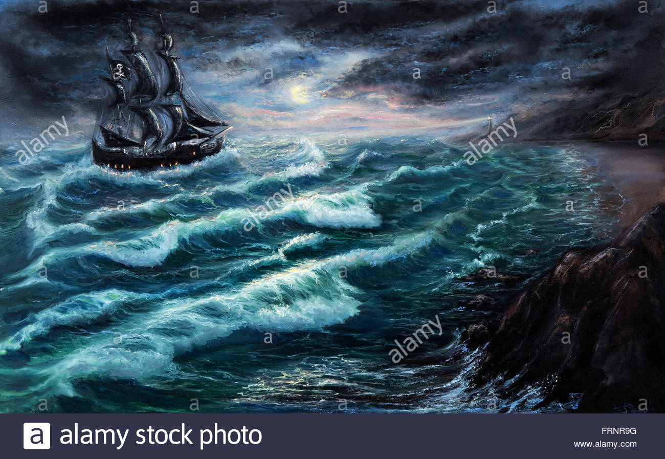 1300x897 Original Oil Painting Showing Pirate Ship In Stormy Ocean Or Sea - Stormy Ocean Painting