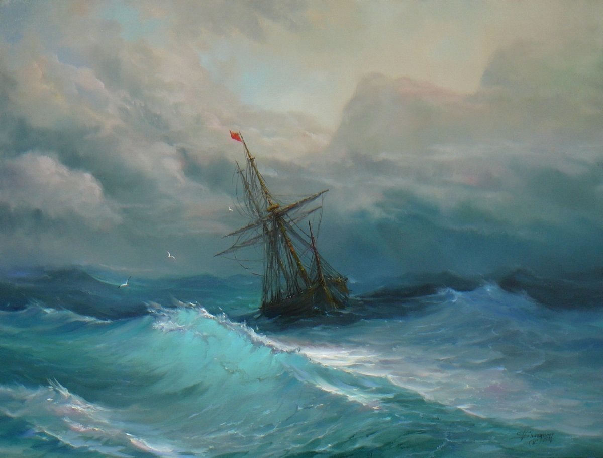 1200x910 Ship In Stormy Sea - Stormy Ocean Painting