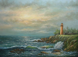 300x221 Large Oil Painting Of Seascape Lighthouse On Cliff By Stormy Sea - Stormy Ocean Painting