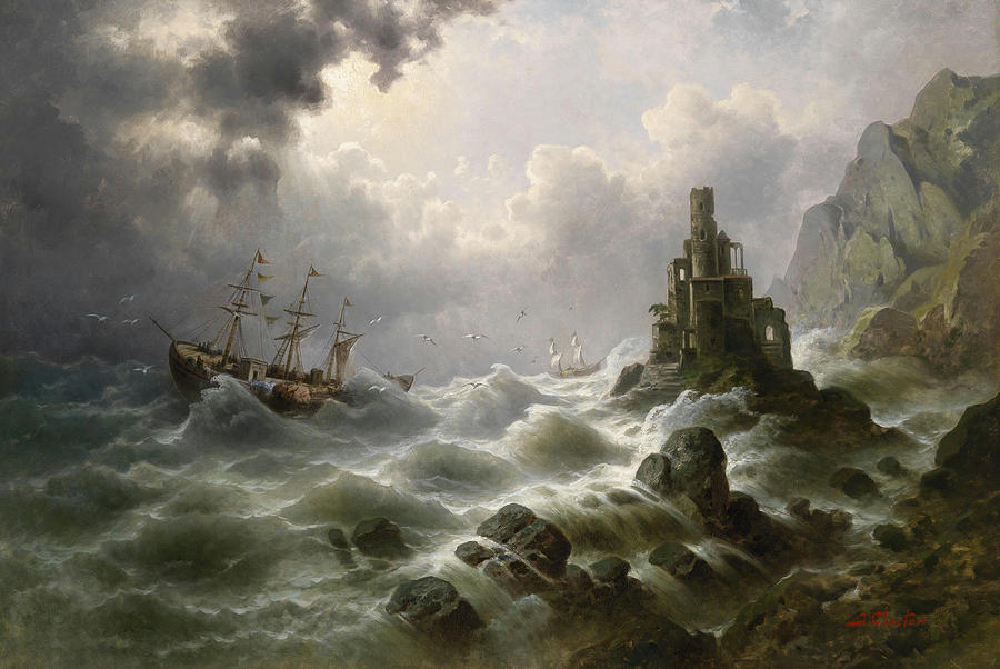 900x602 Stormy Sea With Lighthouse On The Coast Painting By Claiton - Stormy Painting