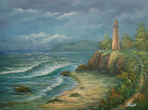 300x224 Light House On Cliff By Stormy Sea In Cloudy Night Seascape Oil - Stormy Sea Oil Painting