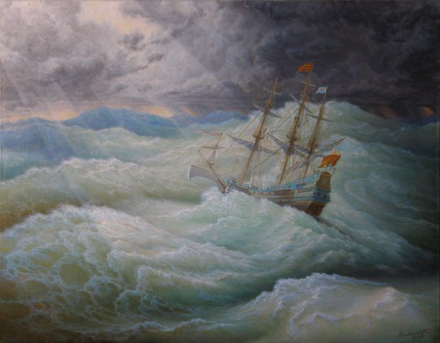640x498 Yuriy Matrosov Artwork A Ship In Stormy Sea Original Painting - Stormy Sea Oil Painting