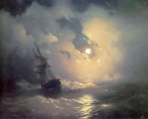 300x242 Stormy Sea At Night Painting Sailboat Lighthouse Moon Real Canvas - Stormy Sea Painting