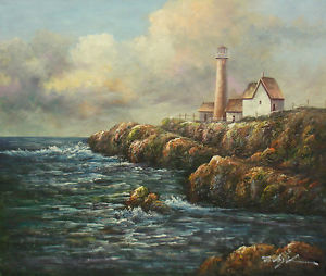 300x254 Classic Oil Painting Of Seascape Lighthouse By Cliff Stormy Sea - Stormy Sea Painting