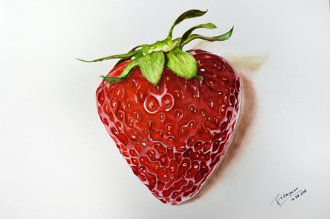 1096x729 Painting A Strawberry In Watercolor By Longtruongart - Strawberry Painting