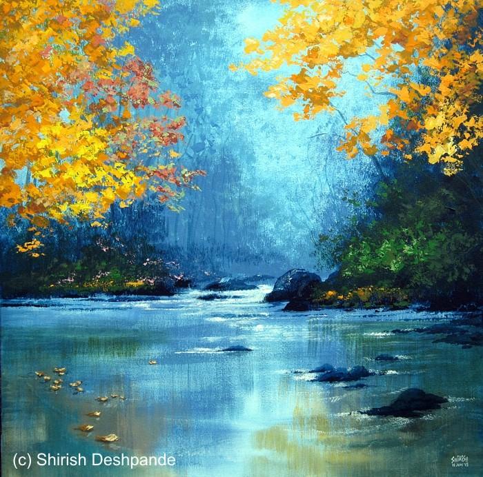 700x692 Jungle Stream By Artist Shirish Deshpande Landscape Art - Stream Painting