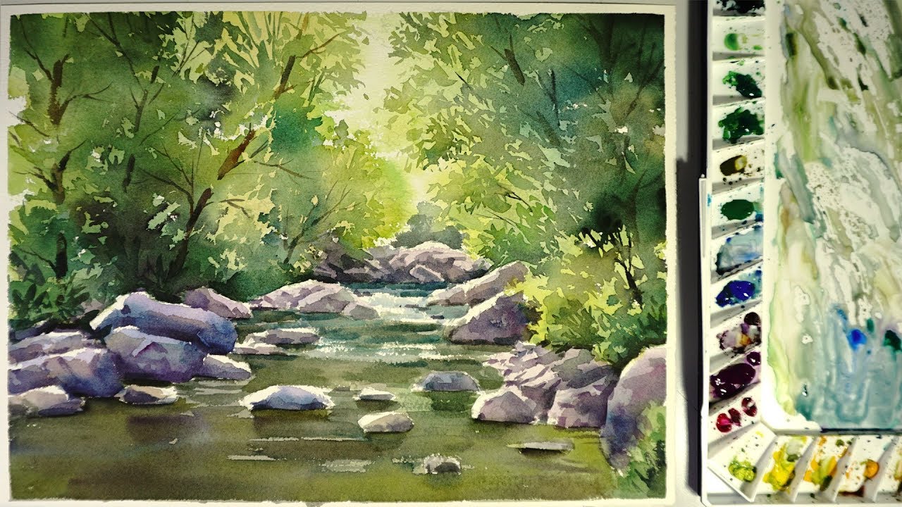 1280x720 Watercolor Landscape Painting The Water Stream - Stream Painting