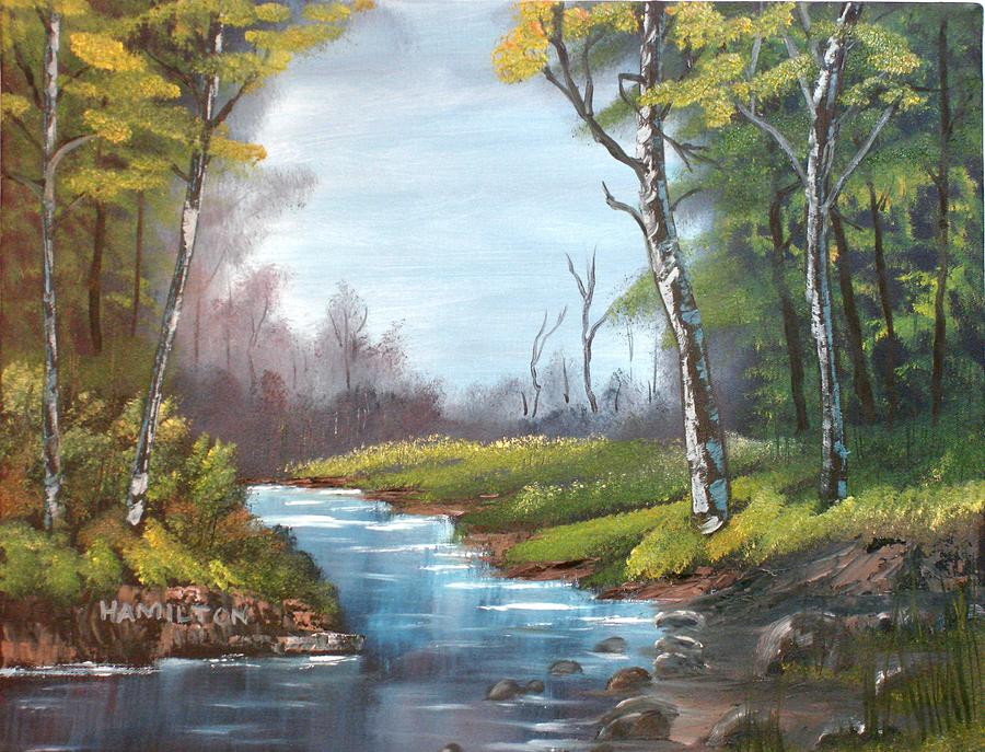 900x687 Wooded Stream Painting By Larry Hamilton - Stream Painting