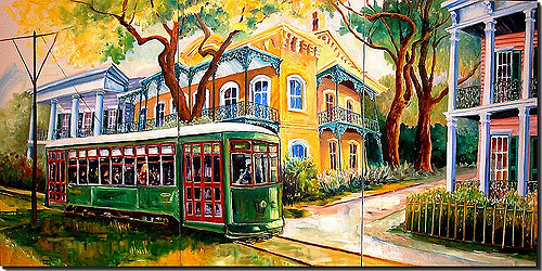 500x250 Streetcar On St. Charles Avenue Triptych New Orleans Art - Streetcar New Orleans Painting