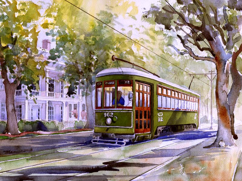 800x600 St. Charles Streetcar Watercolor Illustration - Streetcar Painting
