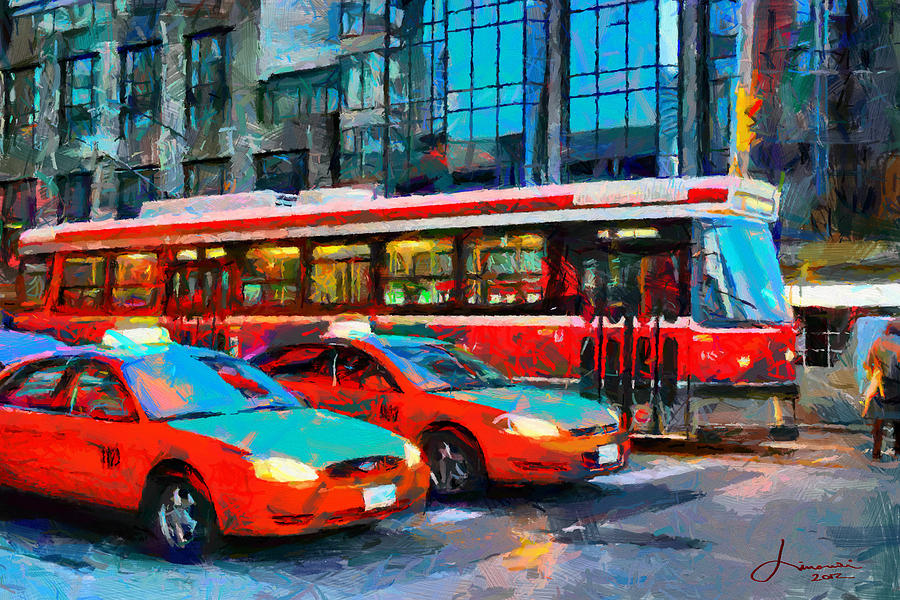 900x600 Streetcar And Taxi Cabs In Downtown Toronto Tnm Digital Art By - Streetcar Painting