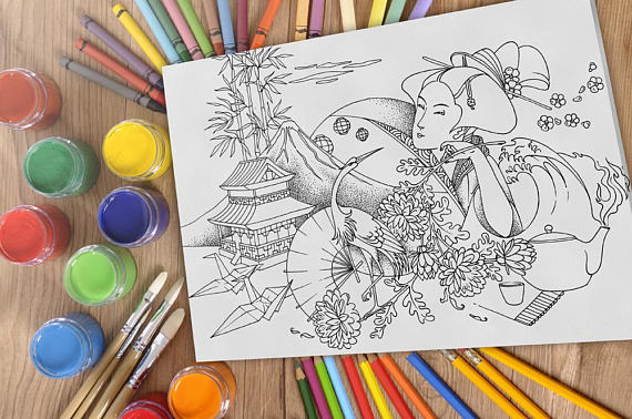 570x378 Geisha Coloring Canvas For Relaxing And Art Therapy, Japan Geisha - Stress Painting