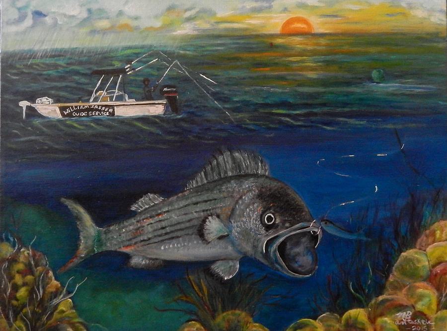 900x667 Sunset Striper Fishing Painting By Marvin Pike - Striper Painting