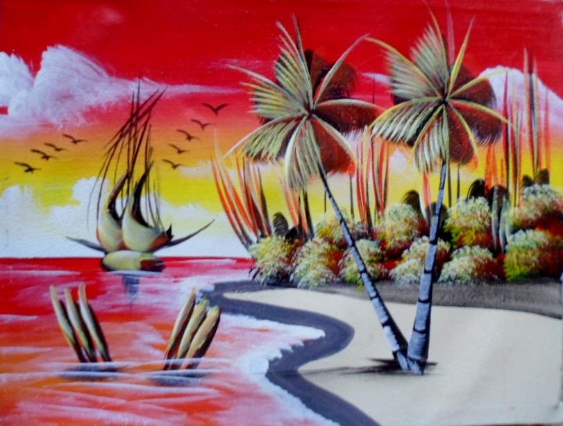 811x614 Haitian Stylized Painting Beach Sailboat 16 X 12.5 Haiti - Stylized Painting