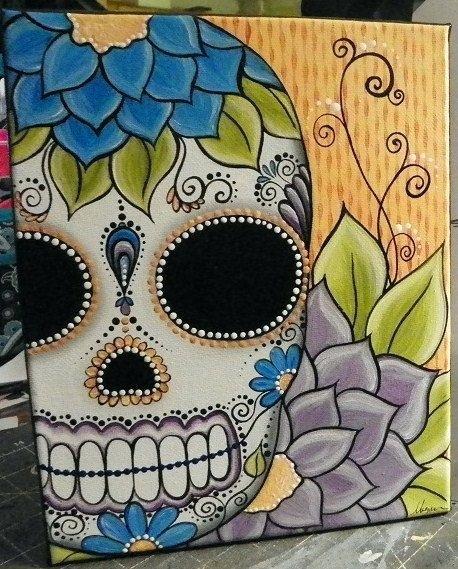 458x569 Sugar Skull Day Of The Dead Original Painting Canvas Art By Via - Sugar Skull Painting Canvas