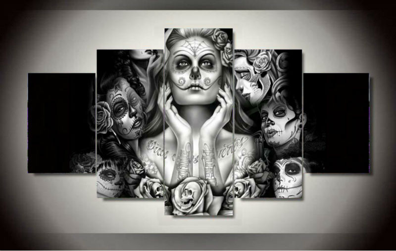 800x508 5 Panels Canvas Prints Framed Printed Sugar Skull Girl Canvas - Sugar Skull Painting Canvas