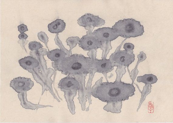 570x407 Zen Flowers. Wabi Sabi Suiboku Ga. Ink Painting. Hand Painted - Suiboku Painting