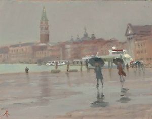 300x236 Original Michael Richardson Olio Il Vento E Pioggia Sulla Riva - Sulla Painting