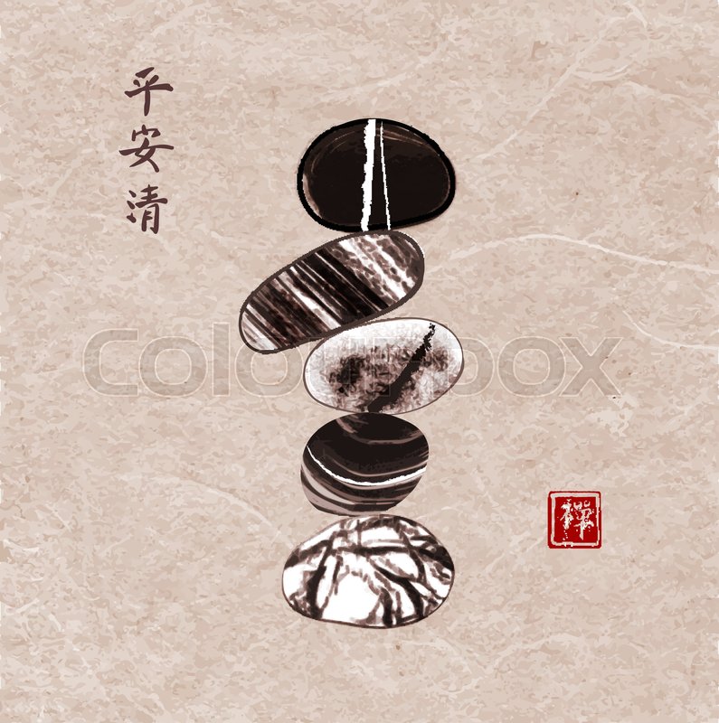 795x800 Pebble Zen Stones Balance On Vintage Background. Traditional - Sumi E Ink Painting