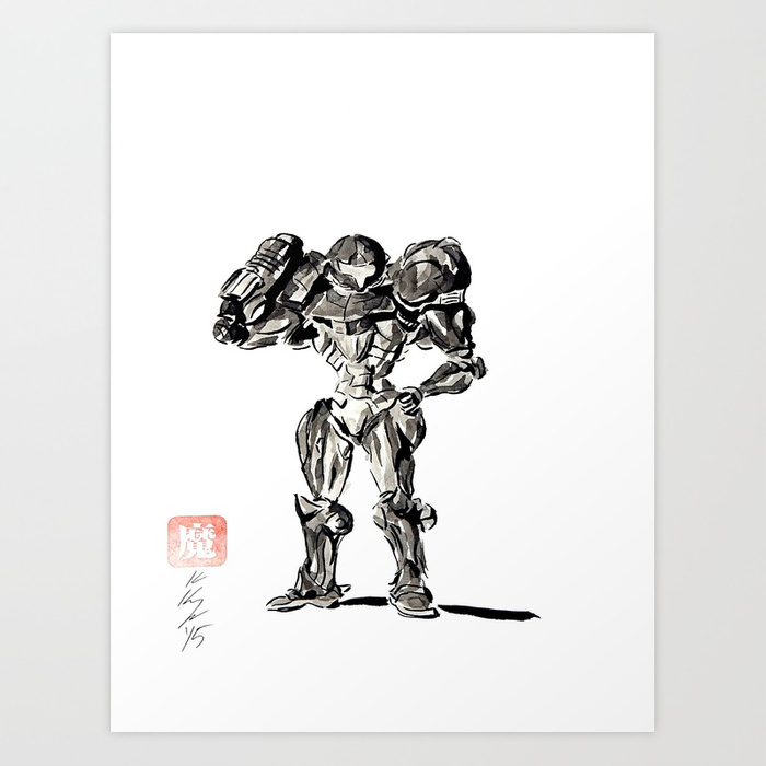 700x700 Samus Aran Sumi E Ink Video Game Metroid Painting Art Print By - Sumi E Ink Painting