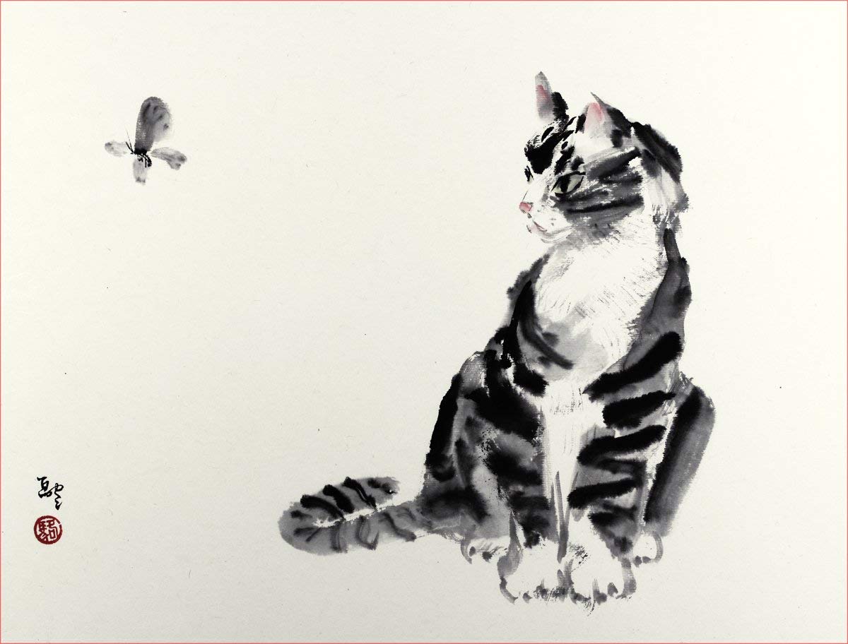 1200x912 Concentration, Asian Sumi E Cat Painting, Print - Sumi E Painting
