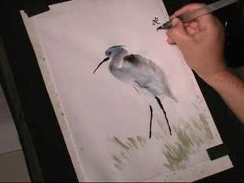480x360 Blue Heron W Cherry Blossoms In Sumi E Painting - Sumi Painting