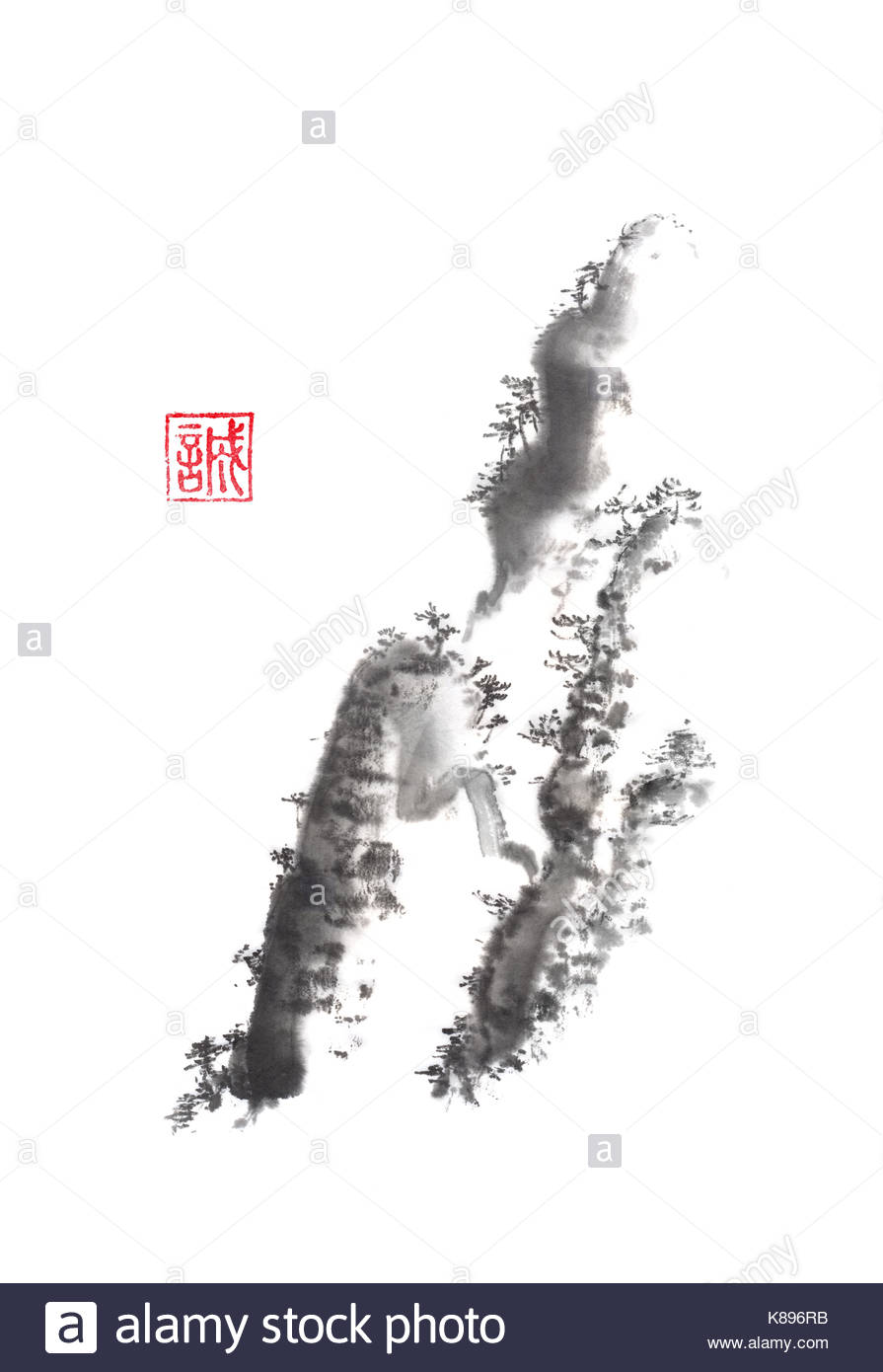 895x1390 Japanese Style Sumi E Oriental Mountains Ink Painting. Hieroglyph - Sumi Painting Mountains
