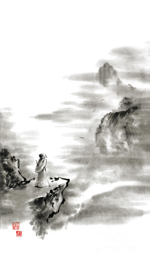 517x900 Mountain View Poet In Mountain Haiku Sky Snow And Clouds Landscape - Sumi Painting Mountains