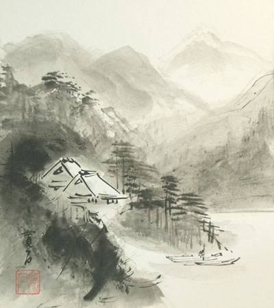 400x450 Vintage Japanese Shikishi Art Sumi E Landscape Nihonga Japan - Sumi Painting Mountains