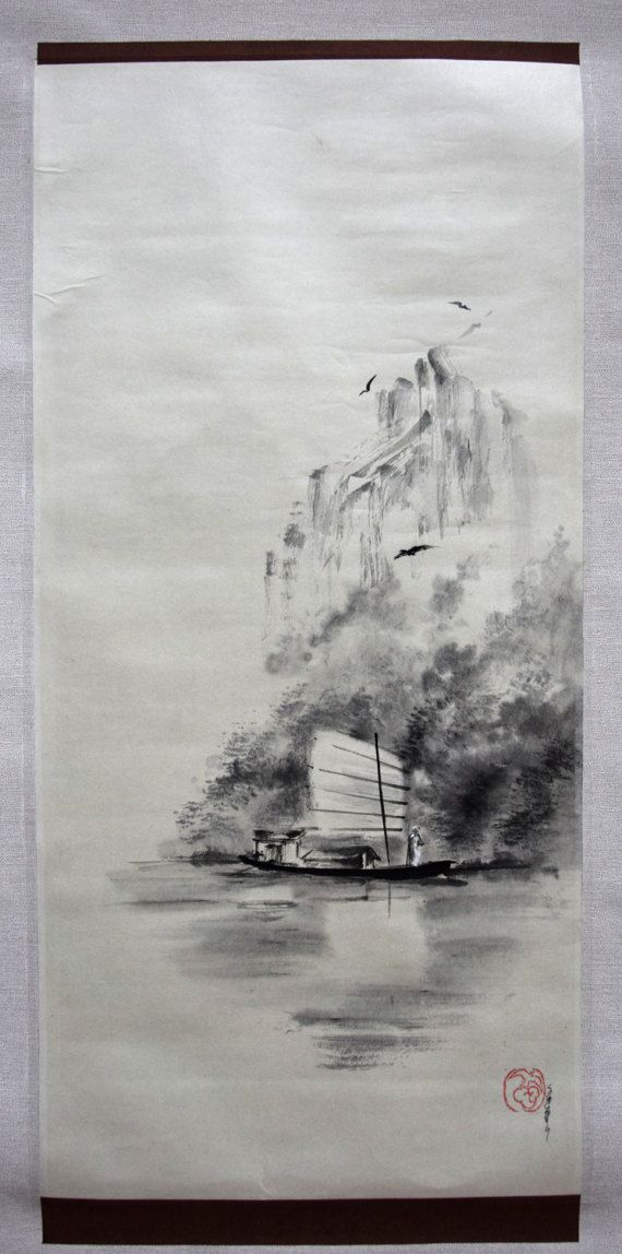 570x1148 Chinese Mountain Landscape. Boat And River. Original Sumi E - Sumi Painting Mountains