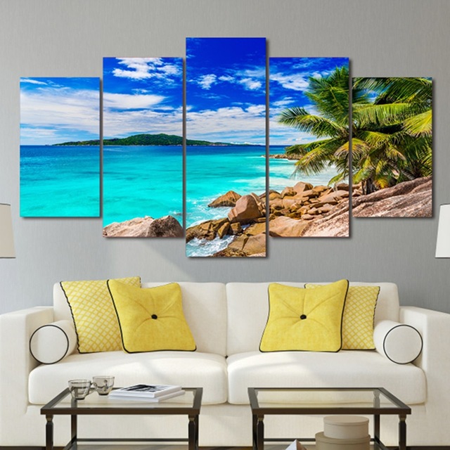 640x640 Modern Canvas Art Painting Frame Hd Printed Wall Art 5 Pieces - Summer Beach Painting