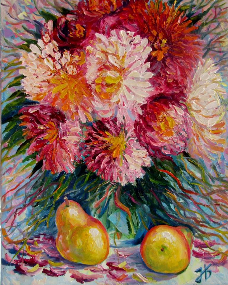 770x964 Saatchi Art Summer Flowers Bouquet With Pears 20x16 Hand Painted - Summer Flower Painting