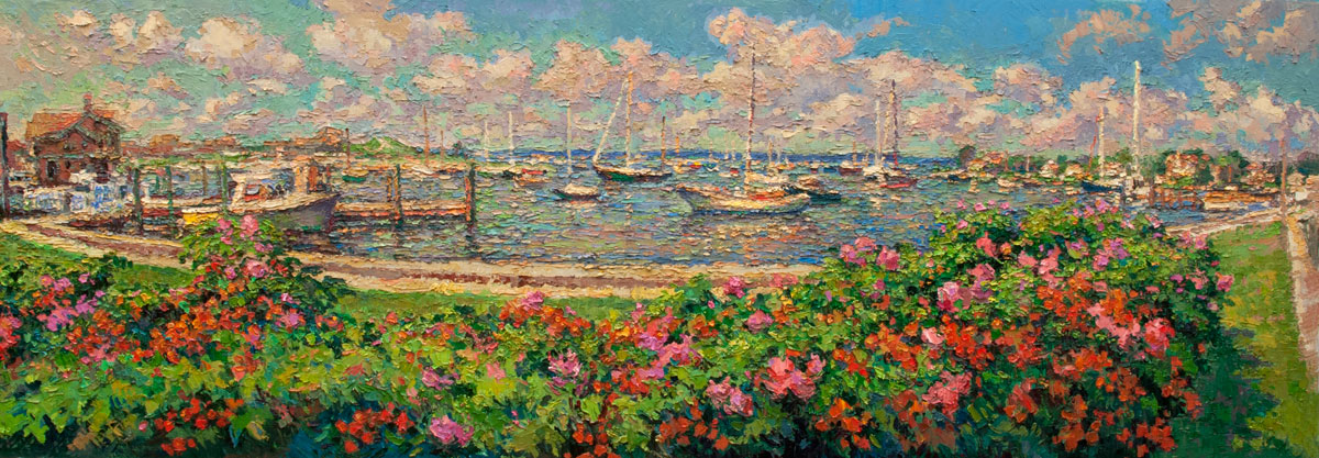 1200x417 Watch Hill Harbour From The Lawn - Summer Oil Painting