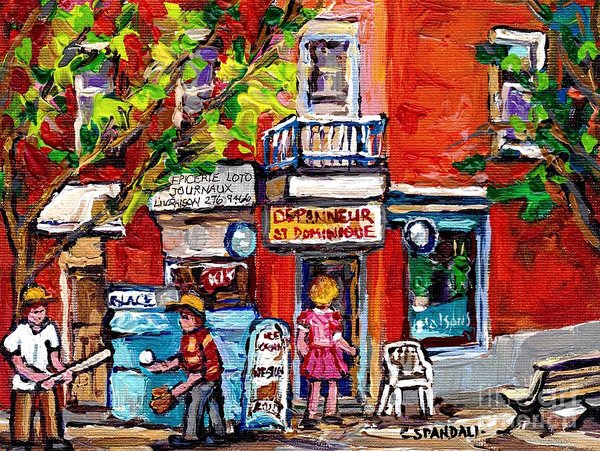 600x451 Montreal Summer Scene Painting Kids Play Baseball At The Depanneur - Summer Scene Painting