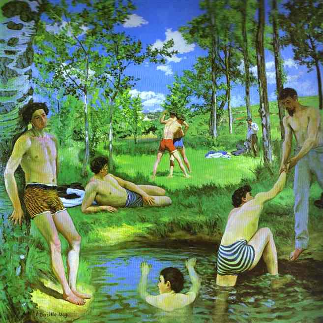 657x656 Bathers Summer Scene 1869 Painting Frederic Bazzille Oil Paintings - Summer Scene Painting