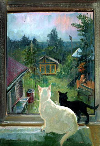 411x598 Cat In The Window Painting. Victor Lukyanov - Summer Window Painting
