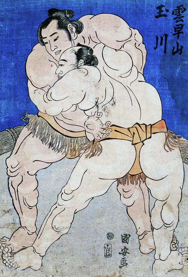 610x900 A Sumo Bout Between Kumoseyama And Tamagawa Painting By Kuniyasu - Sumo Painting