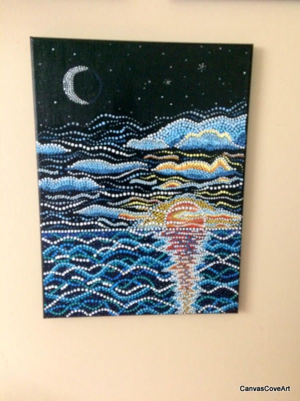 598x800 Sunset Dot Acrylic Painting 12 X 16 Canvas Art Picture Hand - Sun And Moon Canvas Painting