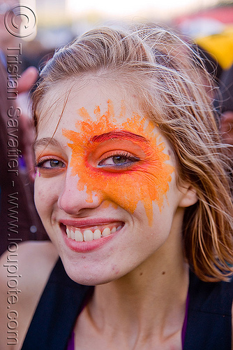 334x500 Woman With Orange Face Paint, Sun, Eye - Sun Face Painting