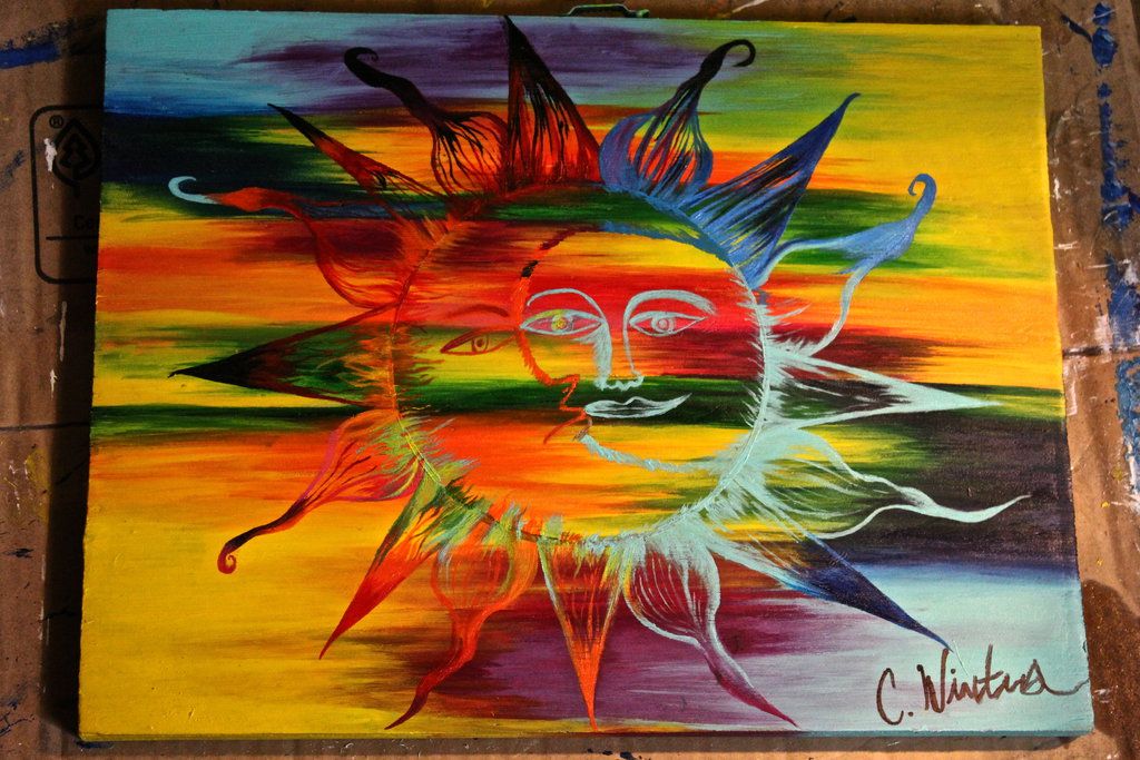 1024x683 Colorful Sun And Moon Acrylic Painting On Wood By Paint Life Away - Sun Moon Painting