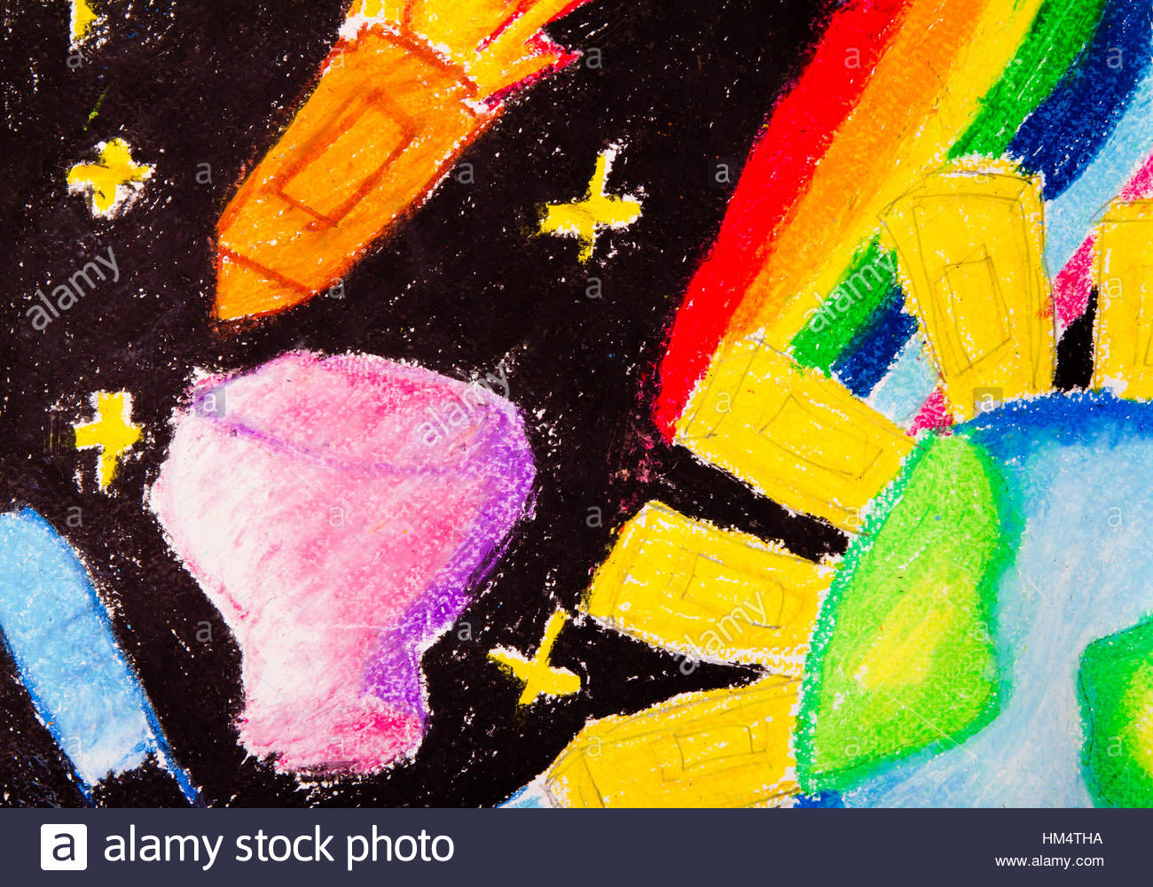 1300x1001 Kid's Painting Of Universe With Planets ,sun And Stars Stock Photo - Sun Painting For Kids