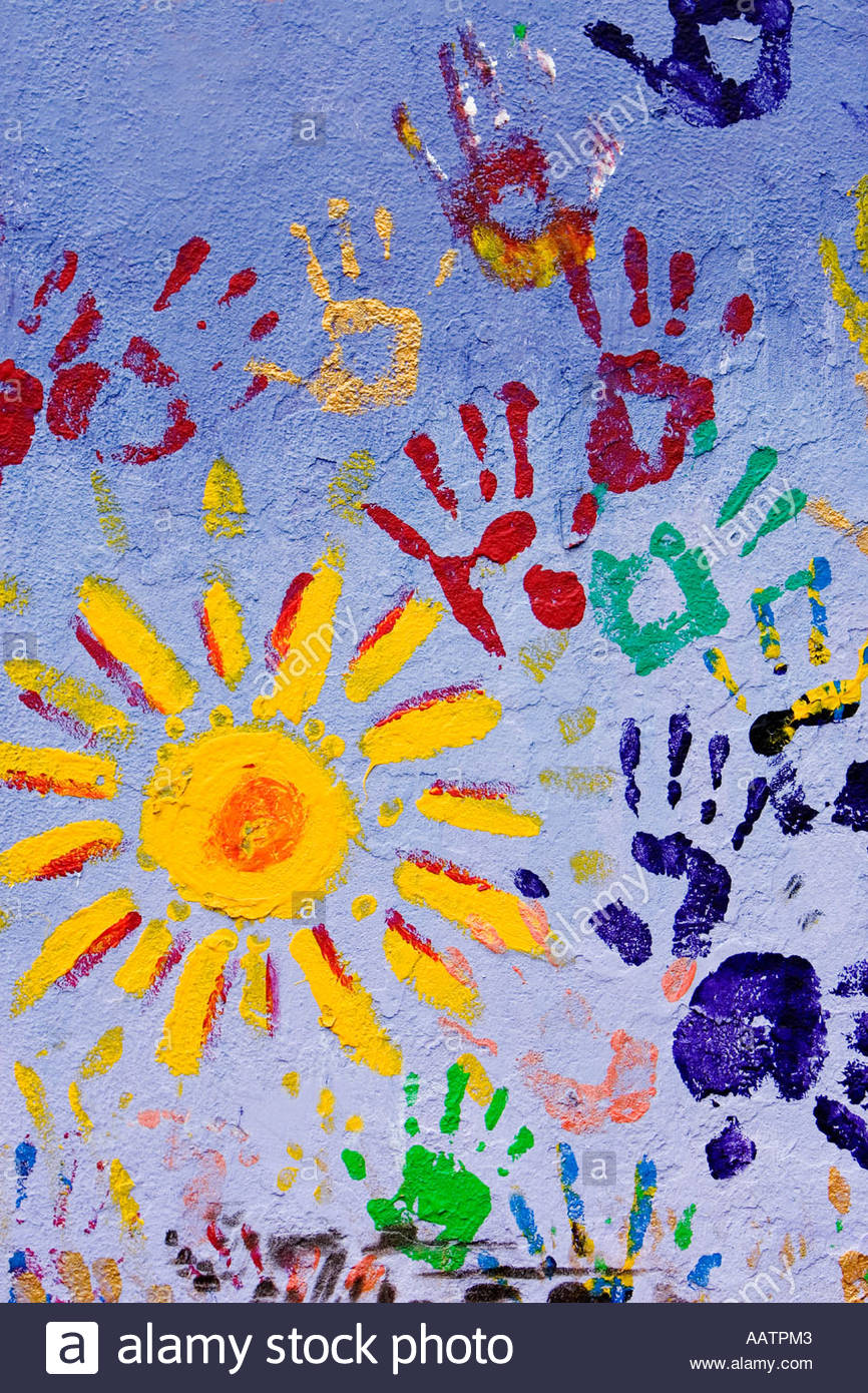 866x1390 Kids Painting With Hand Prints And Sun On A Wall On The Cowley - Sun Painting For Kids