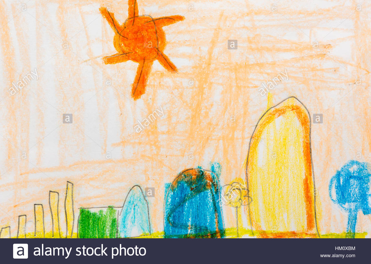 1300x924 Kid's Painting Of House Tree And Sun Stock Photo 132786408 - Sun Painting For Kids