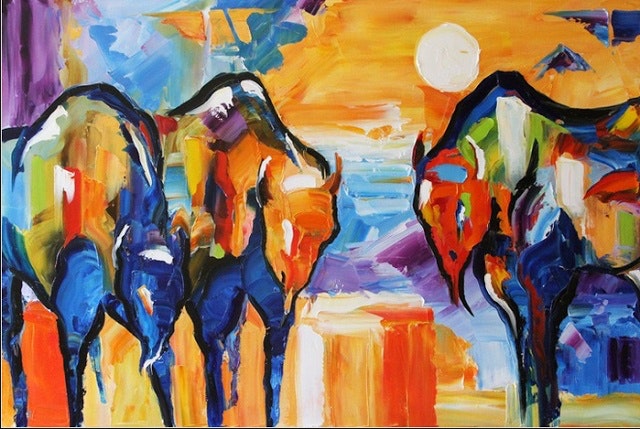 640x429 Sun Bathing Buffalo By Texas Artist Laurie Pace, Contemporary - Sun Painting Texas