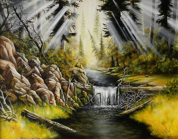 600x467 Sun Rays And Trickling Water Painting By David Paul - Sun Rays Painting