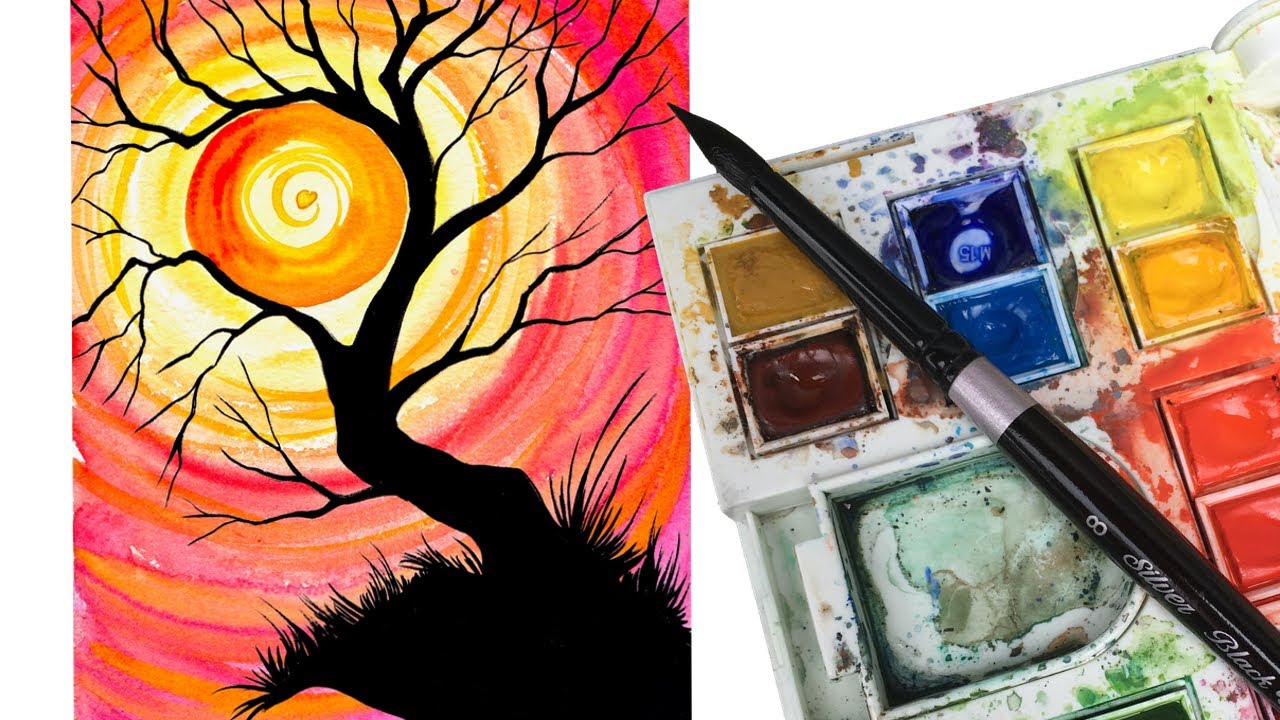1280x720 Simple Watercolor Sunset Tree Holding The Sun Step By Step - Sun Watercolor Painting