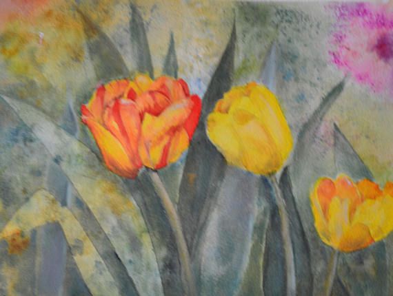 570x430 Tulips In The Sun Watercolor And Pastel Painting Original Floral - Sun Watercolor Painting