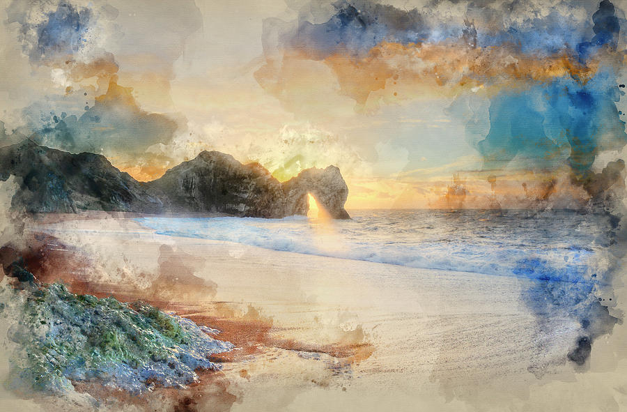 900x591 Watercolor Painting Of Rising Sun Shines Through Durdle Door Arc - Sun Watercolor Painting
