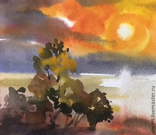 600x517 Painting Watercolor. Trees - Sun Watercolor Painting