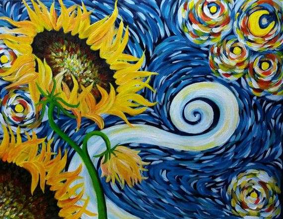 570x441 Cinnamon Cooney's Starry Night Sunflowers 16x20 Acrylic - Sunflower Acrylic Painting